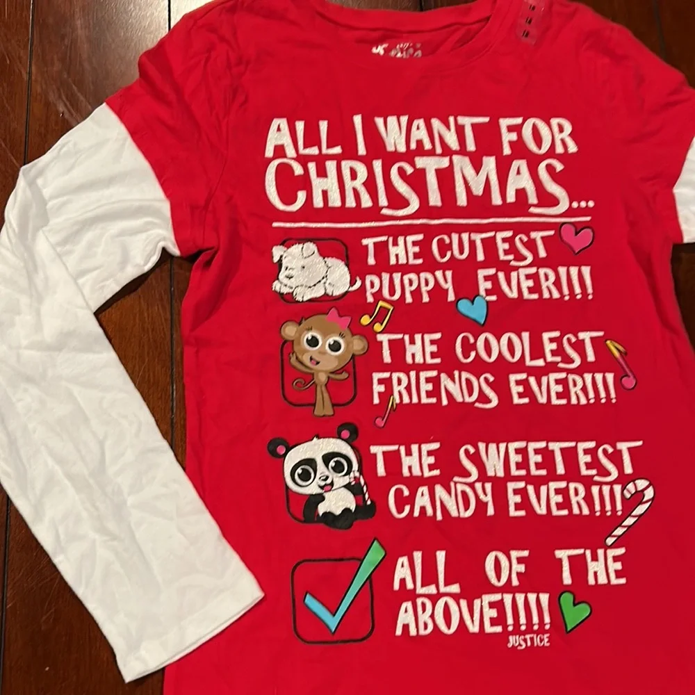 NWT Justice All I want For Christmas Puppy Friends Candy Red White Top 18